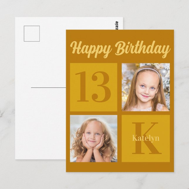 Happy Birthday Chic Gold 2 Photo Personalised Postcard (Front/Back)