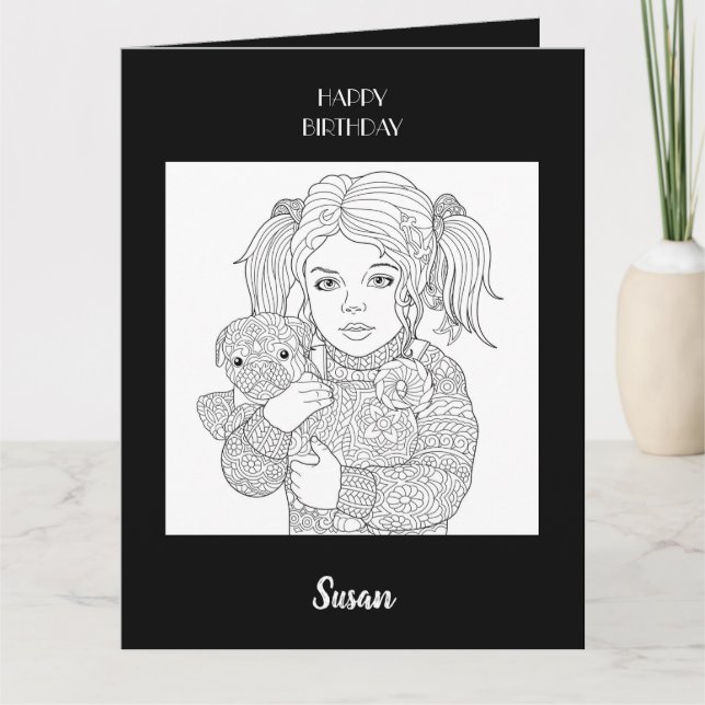 Happy Birthday Child and Dog Colouring Card (Front)