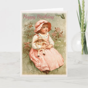 Happy Birthday - Child Holding Doll Vintage Design Card