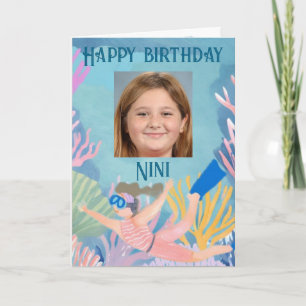 Happy birthday children's card girl snorkeler reef