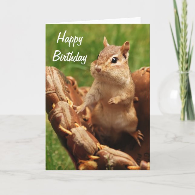 Happy Birthday Chipmunk Playing Baseball Card (Front)