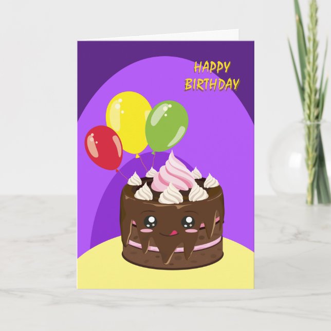 Happy birthday chocolate cake, kawaii card (Front)
