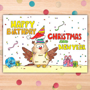 Happy Birthday, Christmas and New Year postcard