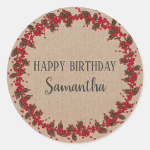 Happy Birthday Christmas Floral Wreath Craft  Clas Classic Round Sticker