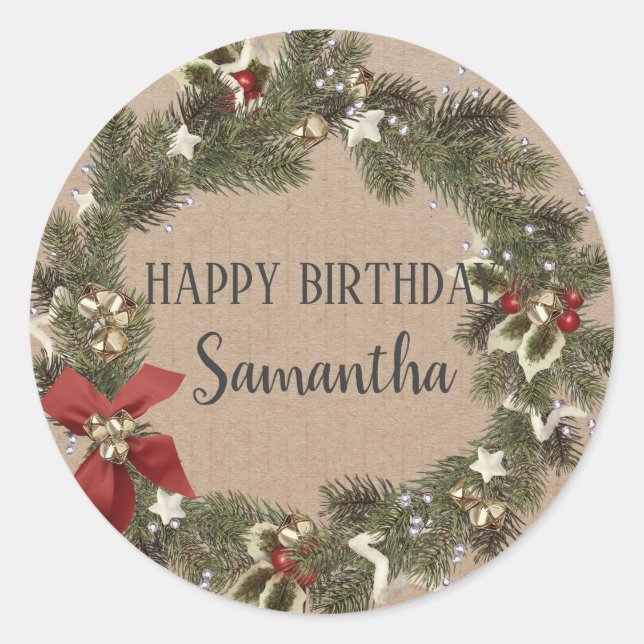 Happy Birthday Christmas Floral Wreath Craft  Clas Classic Round Sticker (Front)