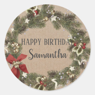 Happy Birthday Christmas Floral Wreath Craft  Clas Classic Round Sticker