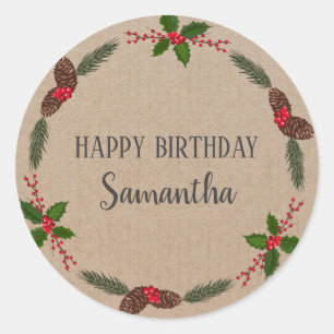 Happy Birthday Christmas Floral Wreath Craft  Clas Classic Round Sticker