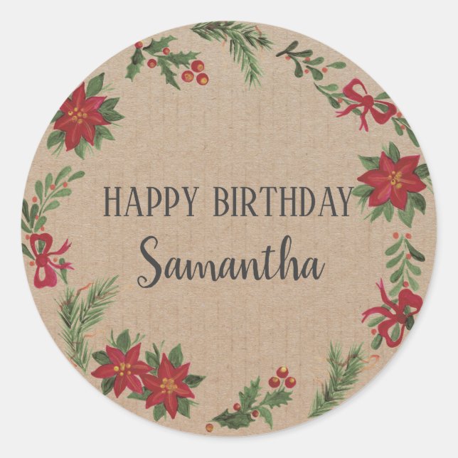 Happy Birthday Christmas Floral Wreath Craft Class Classic Round Sticker (Front)