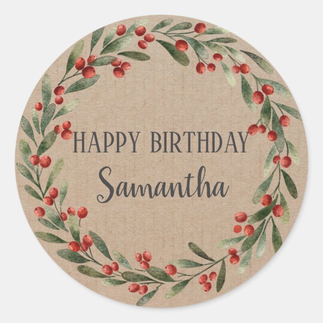 Happy Birthday Christmas Floral Wreath Craft Class Classic Round Sticker (Front)