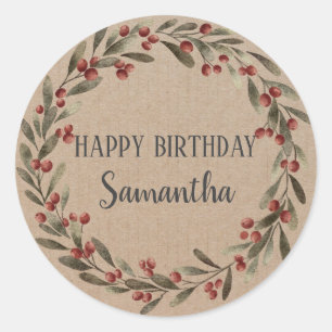 Happy Birthday Christmas Floral Wreath Craft  Classic Round Sticker