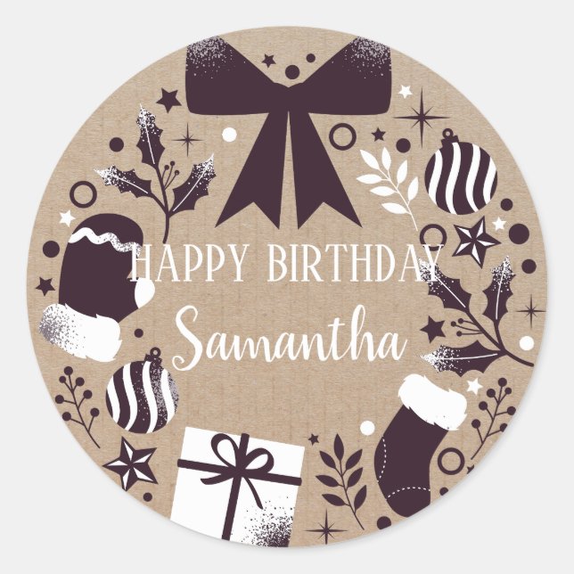 Happy Birthday Christmas Floral Wreath Craft  Classic Round Sticker (Front)