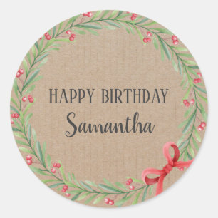 Happy Birthday Christmas Floral Wreath Craft Classic Round Sticker