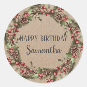Happy Birthday Christmas Floral Wreath Craft Classic Round Sticker