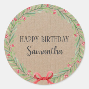 Happy Birthday Christmas Floral Wreath Craft Classic Round Sticker