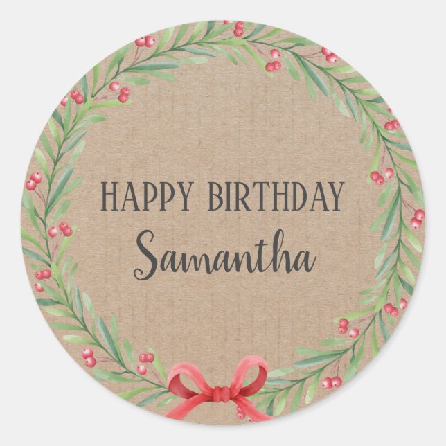Happy Birthday Christmas Floral Wreath Craft   Classic Round Sticker (Front)