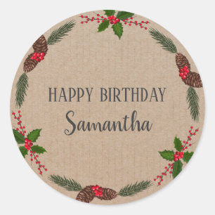 Happy Birthday Christmas Floral Wreath Craft  Classic Round Sticker