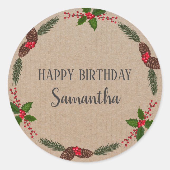 Happy Birthday Christmas Floral Wreath Craft  Classic Round Sticker (Front)