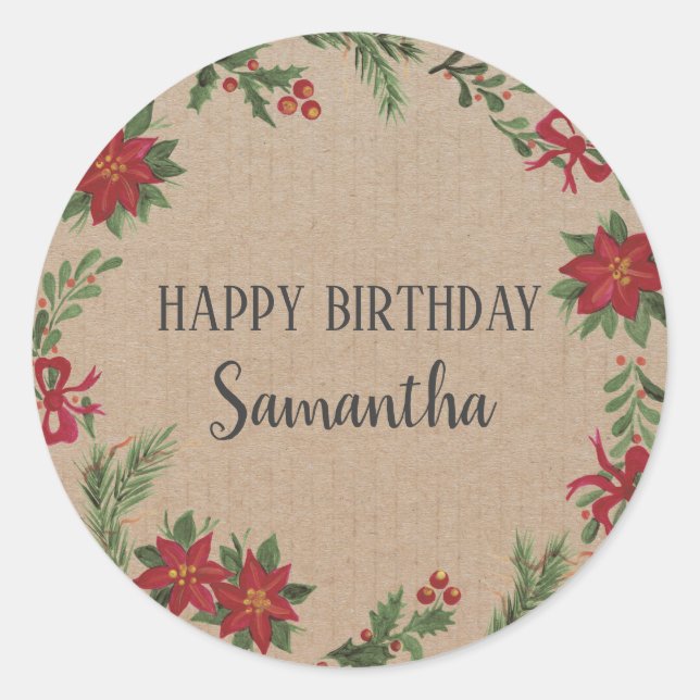 Happy Birthday Christmas Floral Wreath Craft Classic Round Sticker (Front)