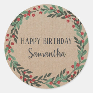 Happy Birthday Christmas Floral Wreath Craft Classic Round Sticker