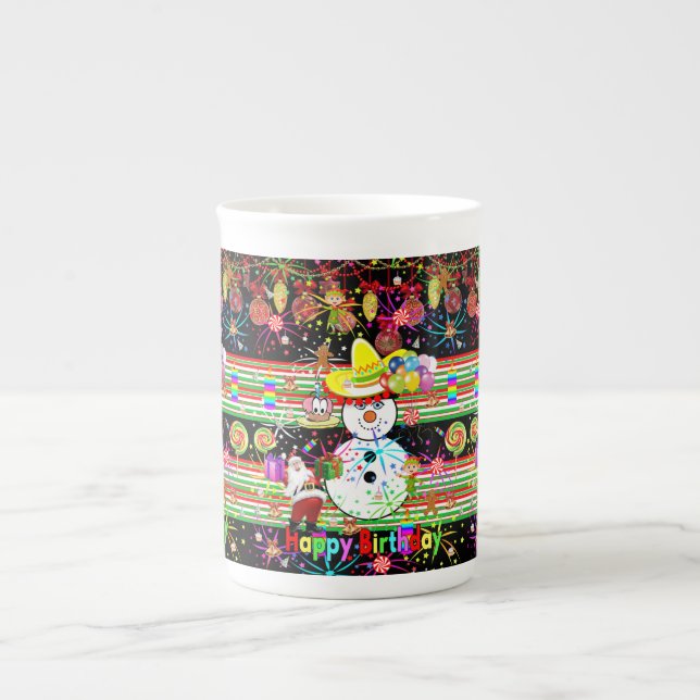 Happy Birthday Christmas Mug, Snowman Bone China Mug (Front)