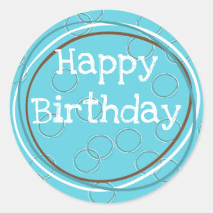 Happy Birthday Circles Turquoise White Brown Classic Round Sticker