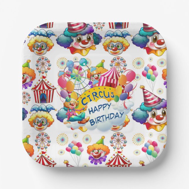 Happy Birthday Circus Clowns Paper Plate (Front)