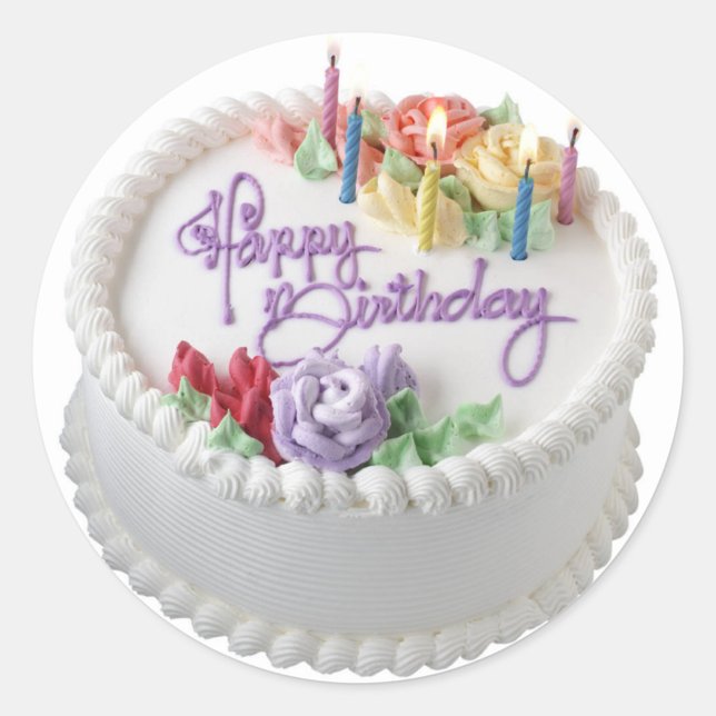 Happy Birthday Classic Round Sticker (Candles and colorful flowers on cake!)