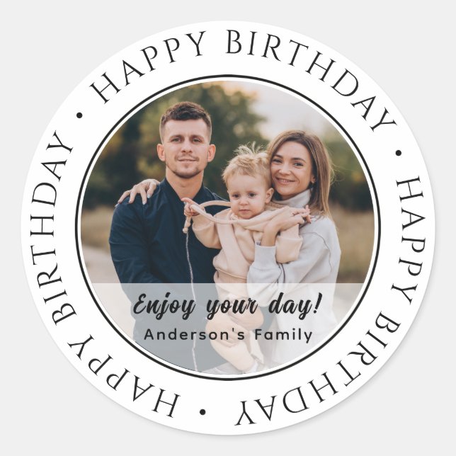 Happy Birthday | Classic Simple Custom Photo Classic Round Sticker (Front)