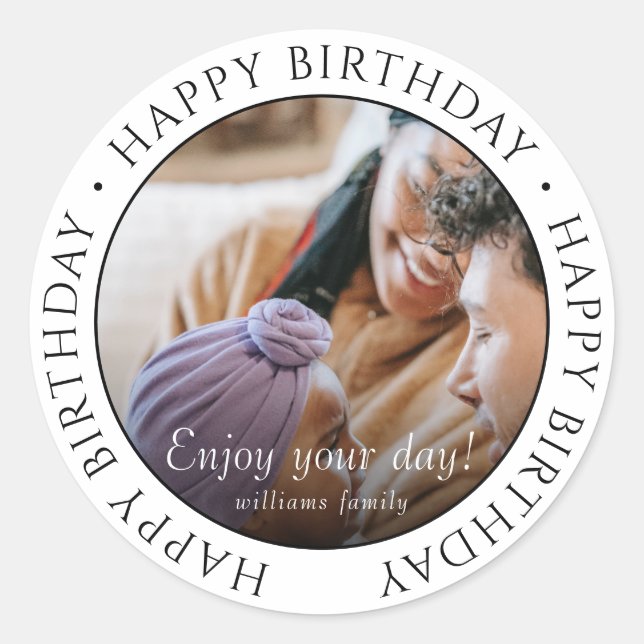 Happy Birthday | Classic Simple Custom Photo Classic Round Sticker (Front)