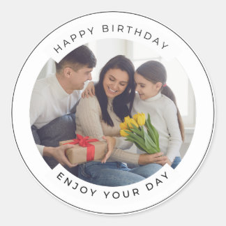 Happy Birthday | Classic Simple Custom Photo  Round Sticker