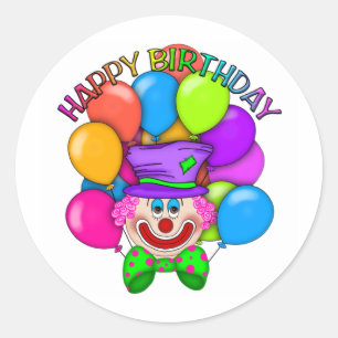 Happy Birthday Clown and Balloons Classic Round Sticker