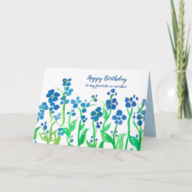 Happy Birthday Co-Worker Blue Watercolor Flowers Card (Front)
