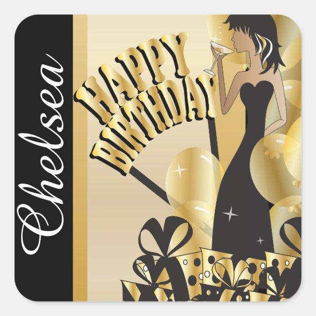 Happy Birthday Cocktail Girl | DIY Name | Gold Square Sticker (Front)