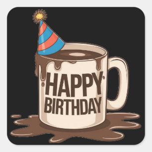 Happy Birthday Coffee Cup with party hat   Square Sticker