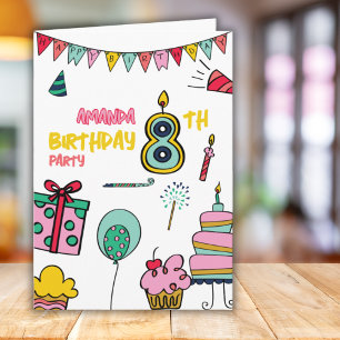 Happy Birthday Coloful 8th Birthday Party Greeting Card