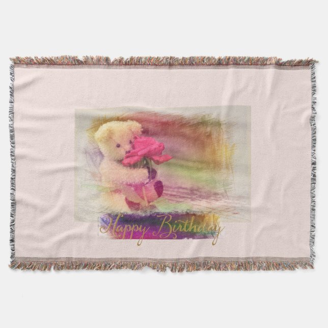 Happy Birthday Colorburst Bear Throw Blanket (Front)