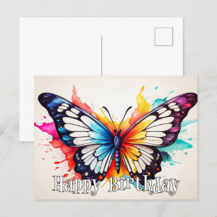 Happy Birthday Colorful Butterfly Watercolor Art Postcard