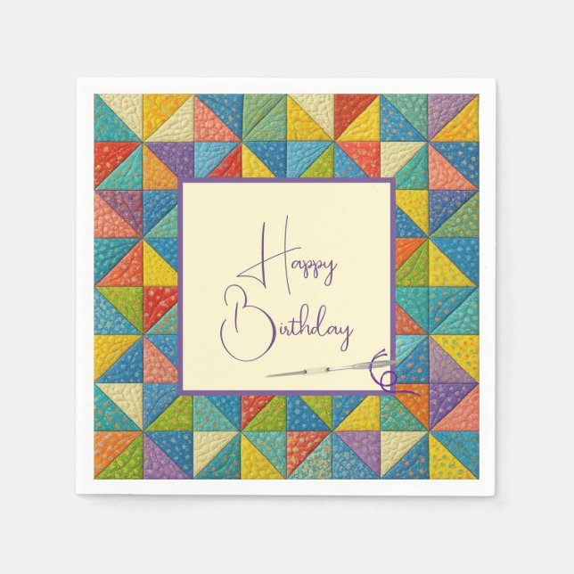 Happy Birthday Colorful Pinwheel Quilt Pattern Napkin (Front)