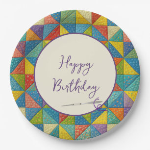Happy Birthday Colorful Pinwheel Quilt Pattern Paper Plate