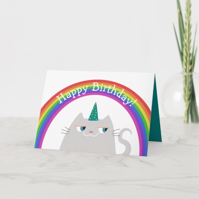 Happy Birthday Colorful Unicorn Cat and Rainbow Card (Front)