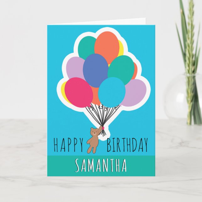  Happy Birthday Colourful Balloon Name Teddy Bear Card (Front)