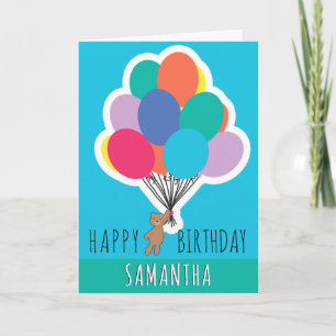Happy Birthday Colourful Balloon Name Teddy Bear Card