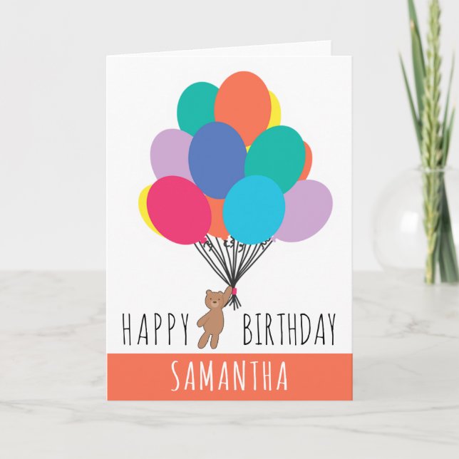  Happy Birthday Colourful Balloon Teddy Bear Name  Card (Front)