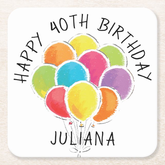 Happy Birthday Colourful Balloons Add Name Square Paper Coaster (Front)