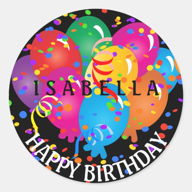 Happy Birthday Colourful Balloons on Black Classic Round Sticker (Front)