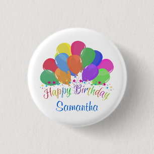 Happy Birthday Colourful Balloons Stars On White 3 Cm Round Badge