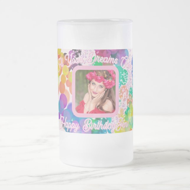 Happy Birthday Colourful Bokeh Pink Photo Jumbo Frosted Glass Beer Mug (Center)