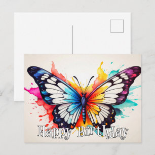 Happy Birthday Colourful Butterfly Watercolor Art Postcard