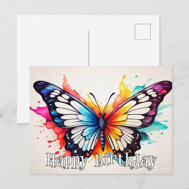 Happy Birthday Colourful Butterfly Watercolor Art Postcard (Front/Back)