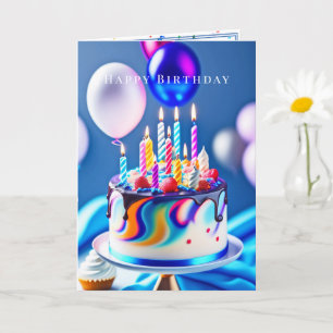 Happy Birthday Colourful Cake Balloons Card